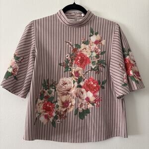 Jealous Tomato Beige Striped Floral Bell Sleeve 1/4 Zip Stretch Top Womens S